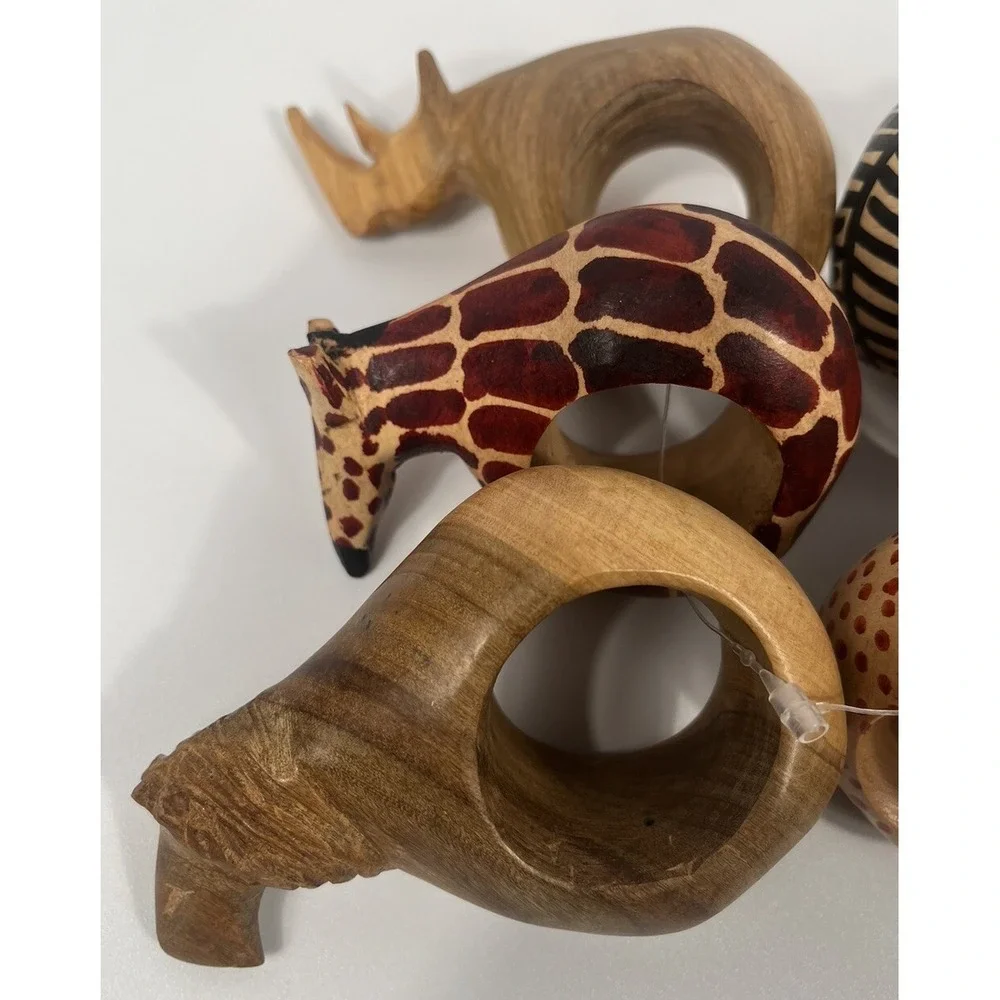 Hand Carved African Safari Animals Wood Napkin Rings Set of 6 Tribal Folk Art